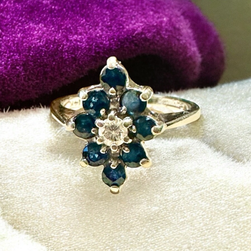 14k white gold Sapphire Diamond Marquise Cluster Ring size 6.5